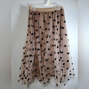 Chicwish Tan Midi Skirt with Black Velvet Style Heart Pattern Size Medium
